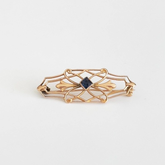 Vintage 10K Yellow Gold Blue Stone Small Brooch Pin - Picture 1 of 8